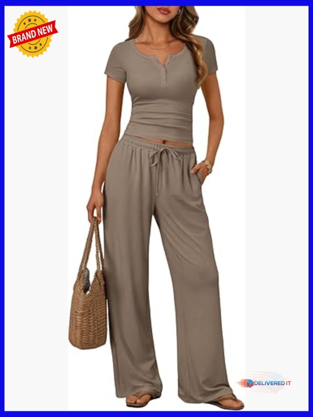 2 Piece Lounge Set Henley Crop Top Wide Leg Pants Sweat Suit